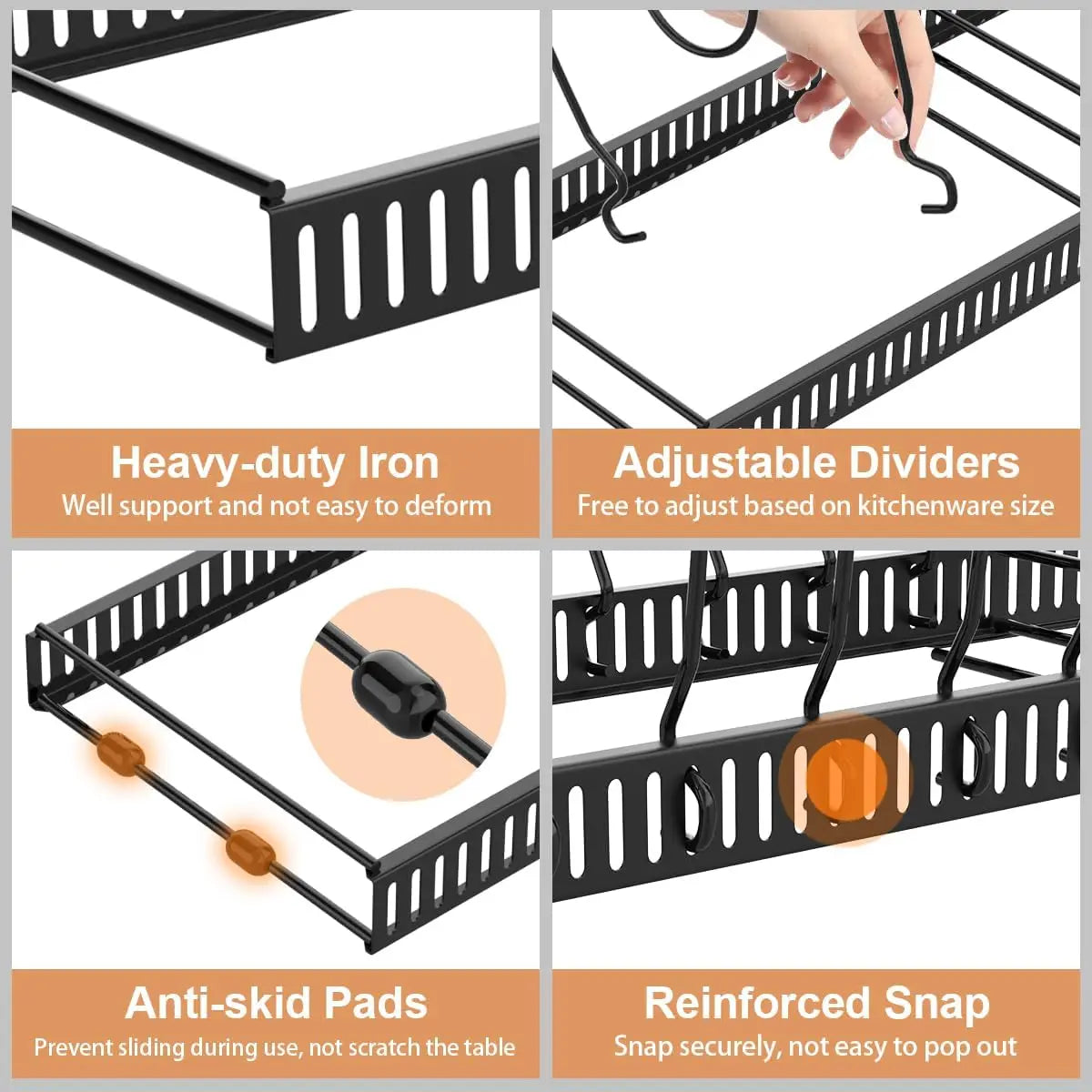 Pot & Pan Organizer Rack for Cabinet – Expandable Lid Holder with 10 Adjustable Dividers