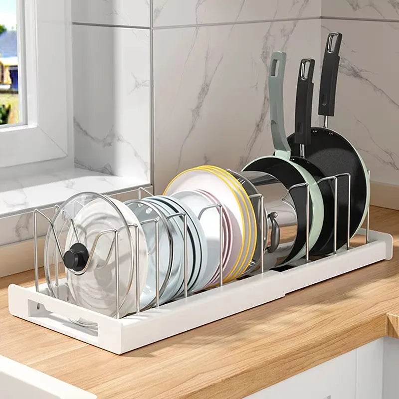 Expandable Pan & Pot Organizer Rack – 7 Adjustable Compartments for Lids, Dishes & Utensils