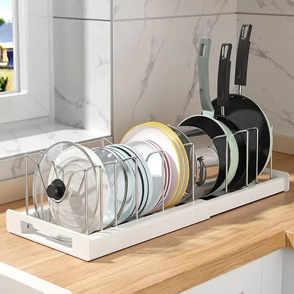 Expandable Pan & Pot Organizer Rack – 7 Adjustable Compartments for Lids, Dishes & Utensils