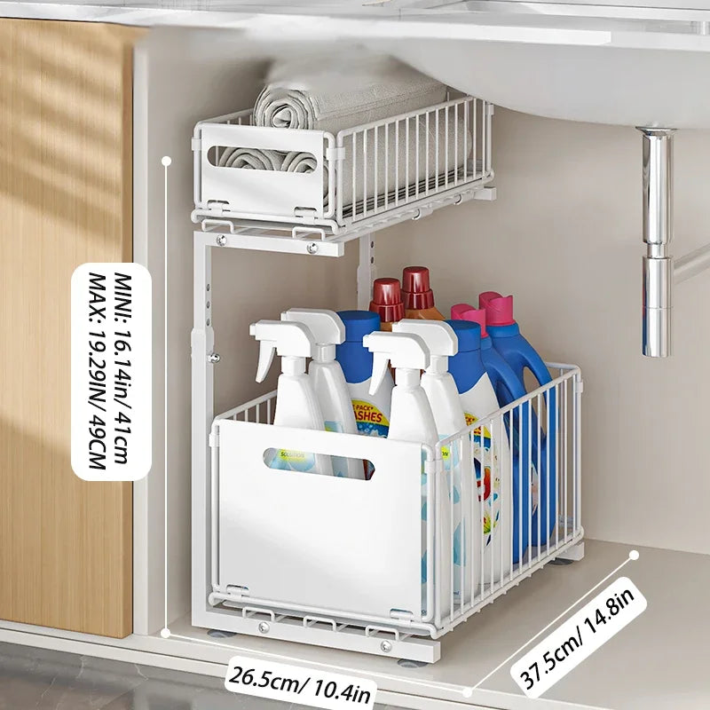 2-Tier Pull-Out Under Sink Organizer – Adjustable Sliding Shelf for Kitchen & Bathroom Cabinet