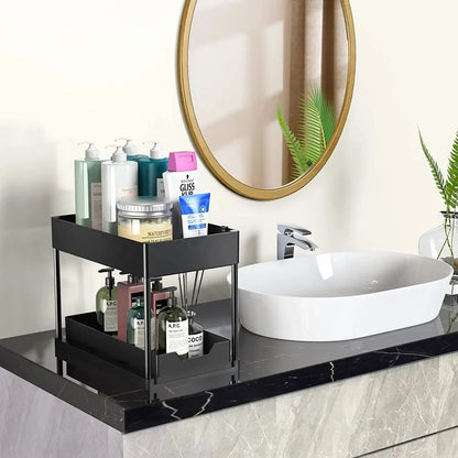 2-Tier Under Sink Organizer – Sliding Cabinet Basket with Hooks for Kitchen & Bathroom