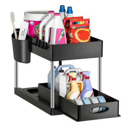 2-Tier Under Sink Organizer – Sliding Basket with Hooks for Kitchen & Bathroom