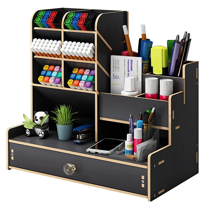 Wooden Desk Organizer – DIY Pen Holder & Stationery Storage Box with Drawer for Home Office