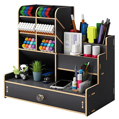 Wooden Desk Organizer – DIY Pen Holder & Stationery Storage Box with Drawer for Home Office