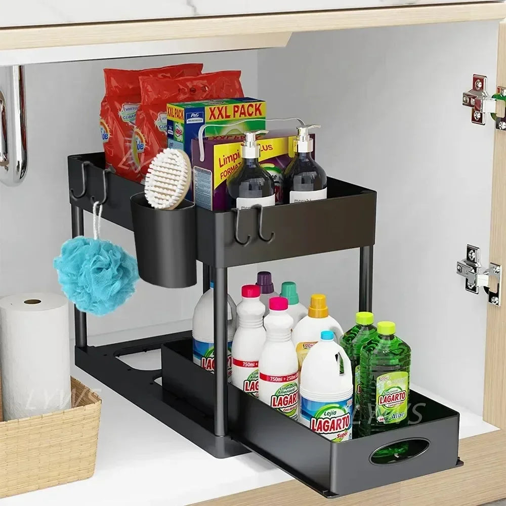 2-Tier Under Sink Organizer – Sliding Basket with Hooks for Kitchen & Bathroom