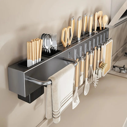 Wall-Mounted Kitchen Organizer – No-Drill Carbon Steel Knife & Utensil Rack, Space Saving