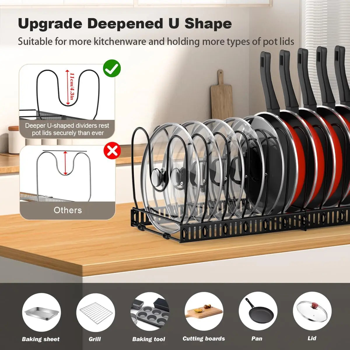 Pot & Pan Organizer Rack for Cabinet – Expandable Lid Holder with 10 Adjustable Dividers