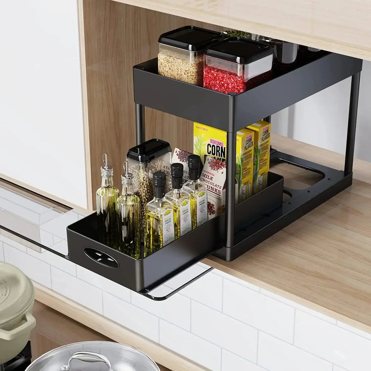 2-Tier Under Sink Organizer – Sliding Basket with Hooks for Kitchen & Bathroom