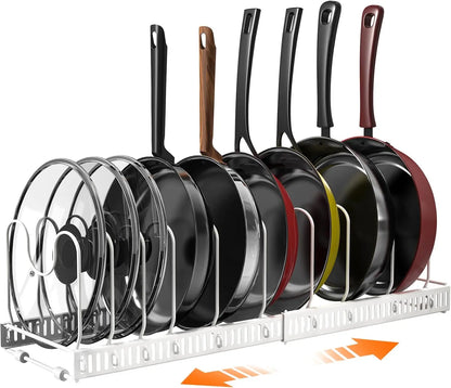 Pot & Pan Organizer Rack for Cabinet – Expandable Lid Holder with 10 Adjustable Dividers