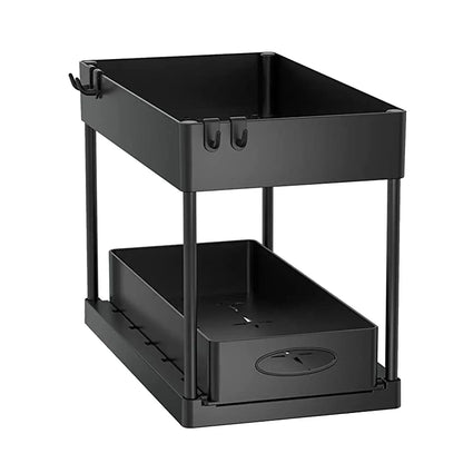 2-Tier Under Sink Organizer – Sliding Basket with Hooks for Kitchen & Bathroom