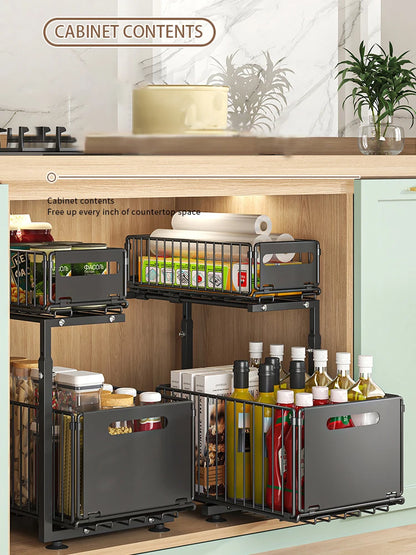 2-Tier Pull-Out Under Sink Organizer – Adjustable Sliding Shelf for Kitchen & Bathroom Cabinet