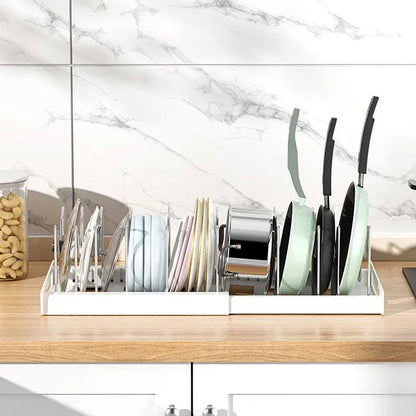 Expandable Pan & Pot Organizer Rack – 7 Adjustable Compartments for Lids, Dishes & Utensils