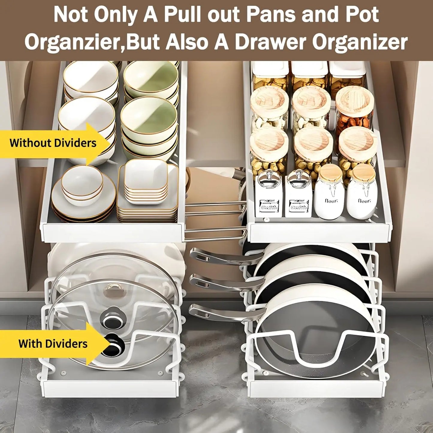 Pull-Out Pots & Pans Organizer – Under Cabinet Storage Rack with Adjustable Dividers & Lid Holder
