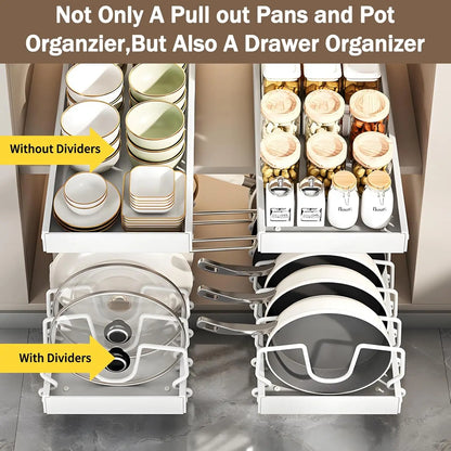 Pull-Out Pots & Pans Organizer – Under Cabinet Storage Rack with Adjustable Dividers & Lid Holder