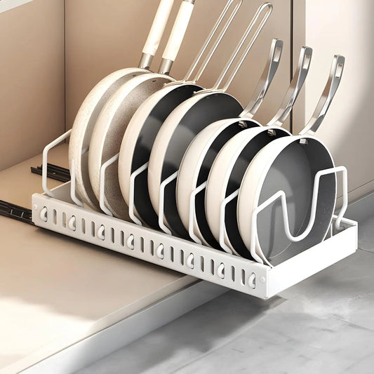 Pull-Out Pots & Pans Organizer – Under Cabinet Storage Rack with Adjustable Dividers & Lid Holder