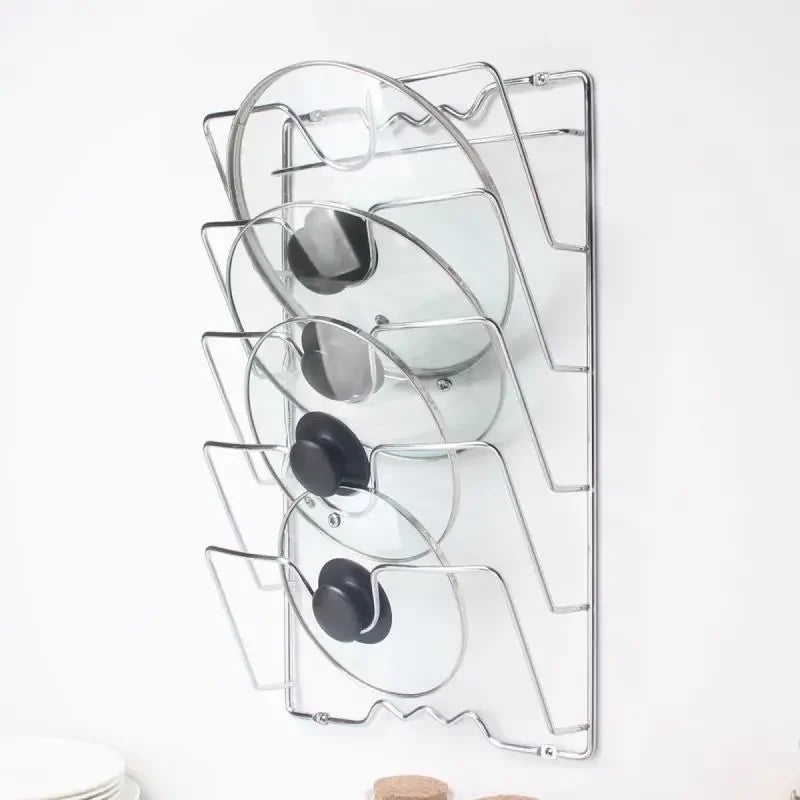Wall-Mounted Pot Lid Organizer Rack – 5-Layer Iron Kitchen Storage for Lids & Utensils