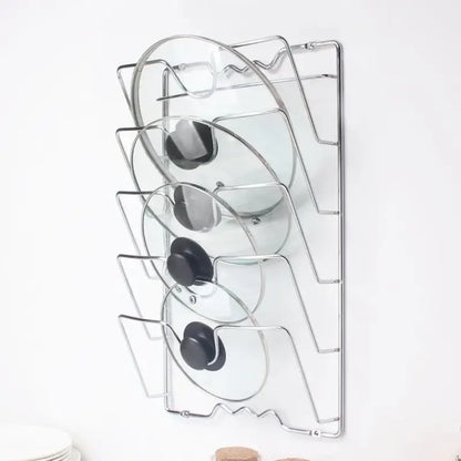 Wall-Mounted Pot Lid Organizer Rack – 5-Layer Iron Kitchen Storage for Lids & Utensils