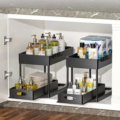 2-Tier Under Sink Organizer – Sliding Basket with Hooks for Kitchen & Bathroom