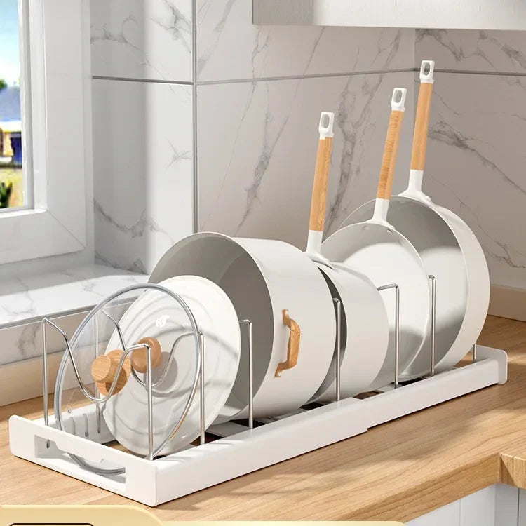 Expandable Pan & Pot Organizer Rack – 7 Adjustable Compartments for Lids, Dishes & Utensils