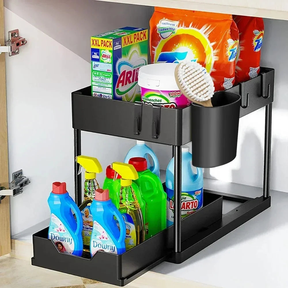2-Tier Under Sink Organizer – Sliding Basket with Hooks for Kitchen & Bathroom
