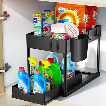2-Tier Under Sink Organizer – Sliding Basket with Hooks for Kitchen & Bathroom