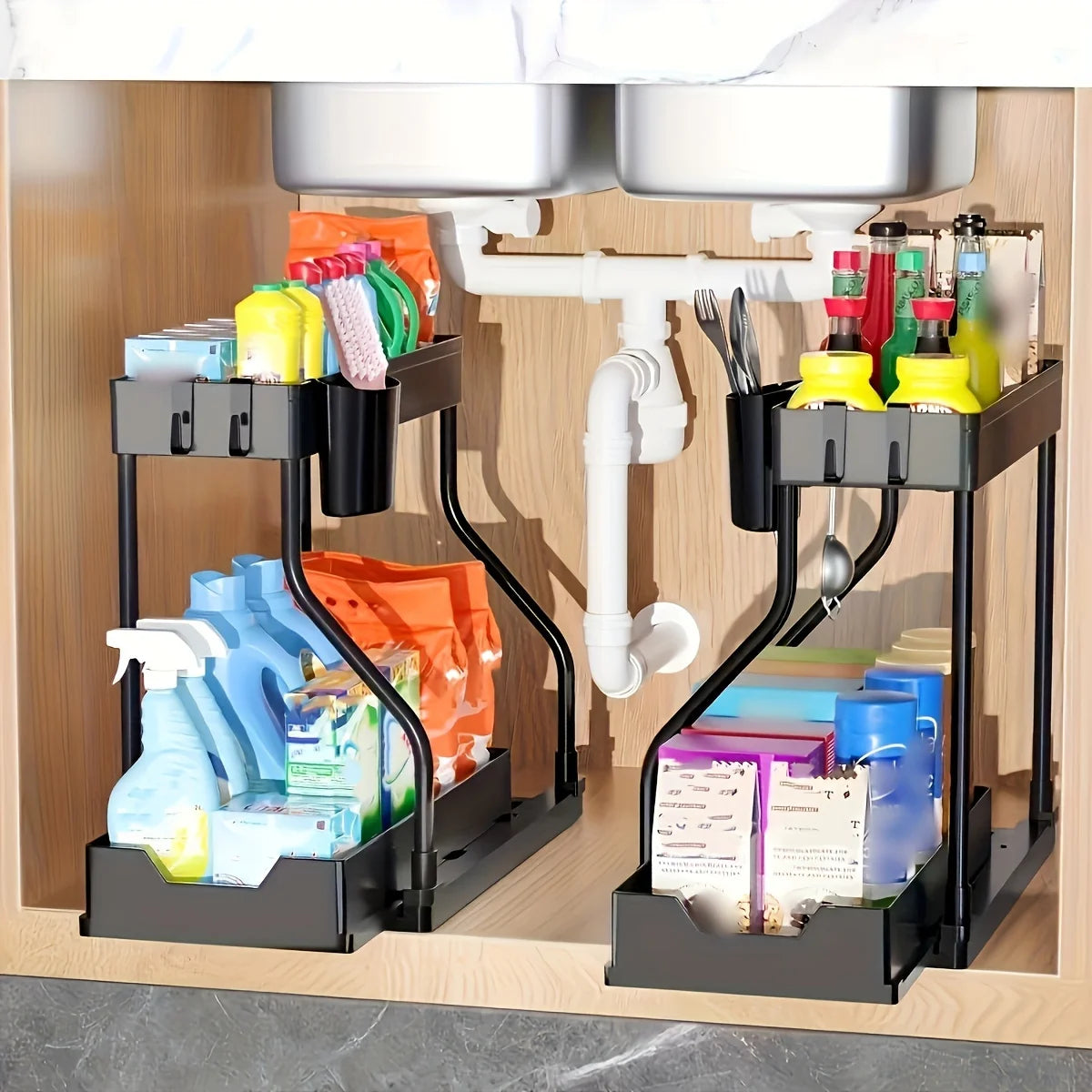 2-Tier Pull Out Under Sink Organizer – Space-Saving Sliding Drawer for Kitchen & Bathroom Cabinet