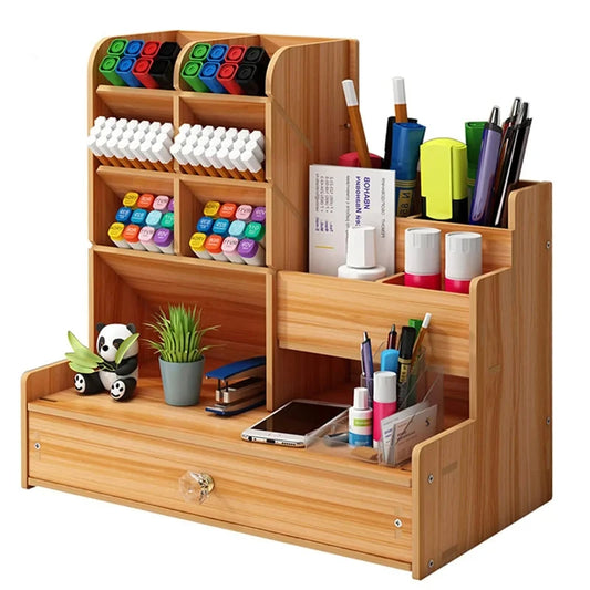 Wooden Desk Organizer – DIY Pen Holder & Stationery Storage Box with Drawer for Home Office