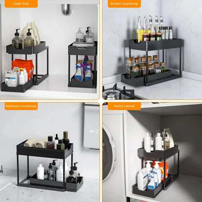 2-Tier Under Sink Organizer – Sliding Cabinet Basket with Hooks for Kitchen & Bathroom