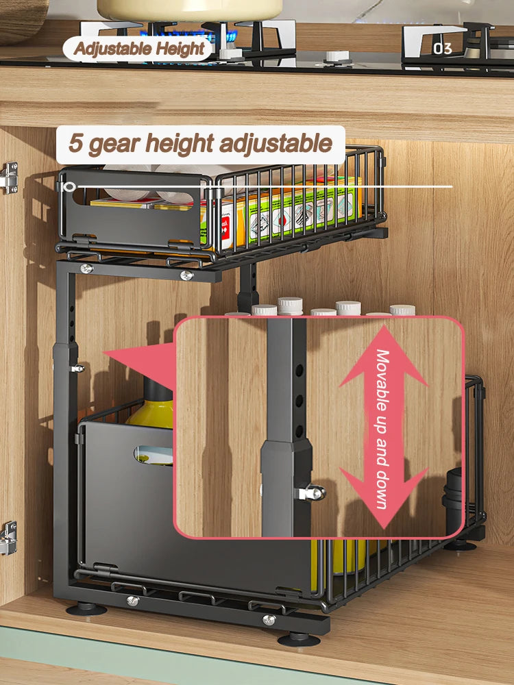 2-Tier Pull-Out Under Sink Organizer – Adjustable Sliding Shelf for Kitchen & Bathroom Cabinet