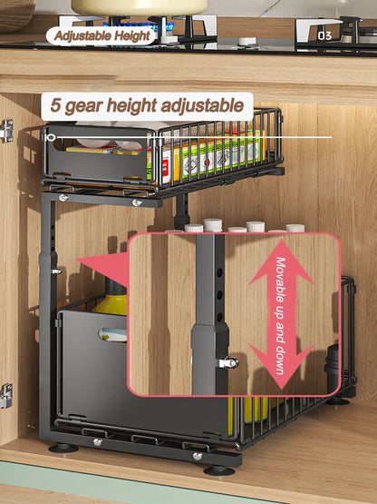 2-Tier Pull-Out Under Sink Organizer – Adjustable Sliding Shelf for Kitchen & Bathroom Cabinet