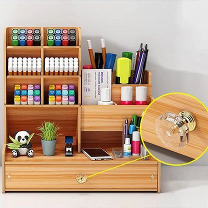 Wooden Desk Organizer – DIY Pen Holder & Stationery Storage Box with Drawer for Home Office