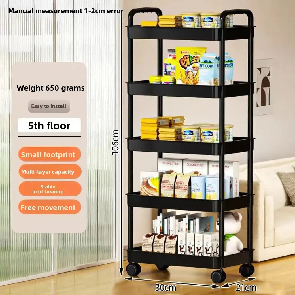5-Tier Kitchen Storage Shelf – Freestanding Rolling Trolley Rack for Pantry, Snacks & Produce