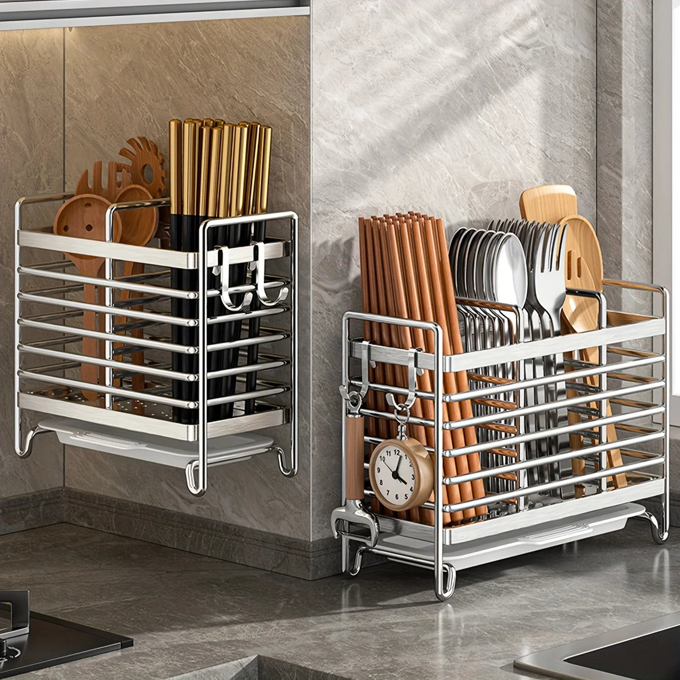 No-Drill Wall-Mounted Utensil Holder – Stainless Steel Kitchen Organizer for Small Spaces