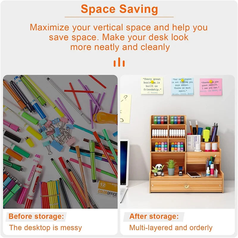 Wooden Desk Organizer – DIY Pen Holder & Stationery Storage Box with Drawer for Home Office
