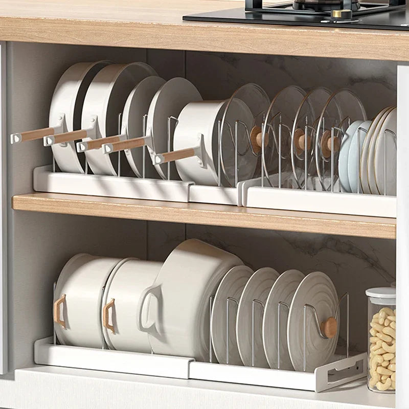 Expandable Pan & Pot Organizer Rack – 7 Adjustable Compartments for Lids, Dishes & Utensils