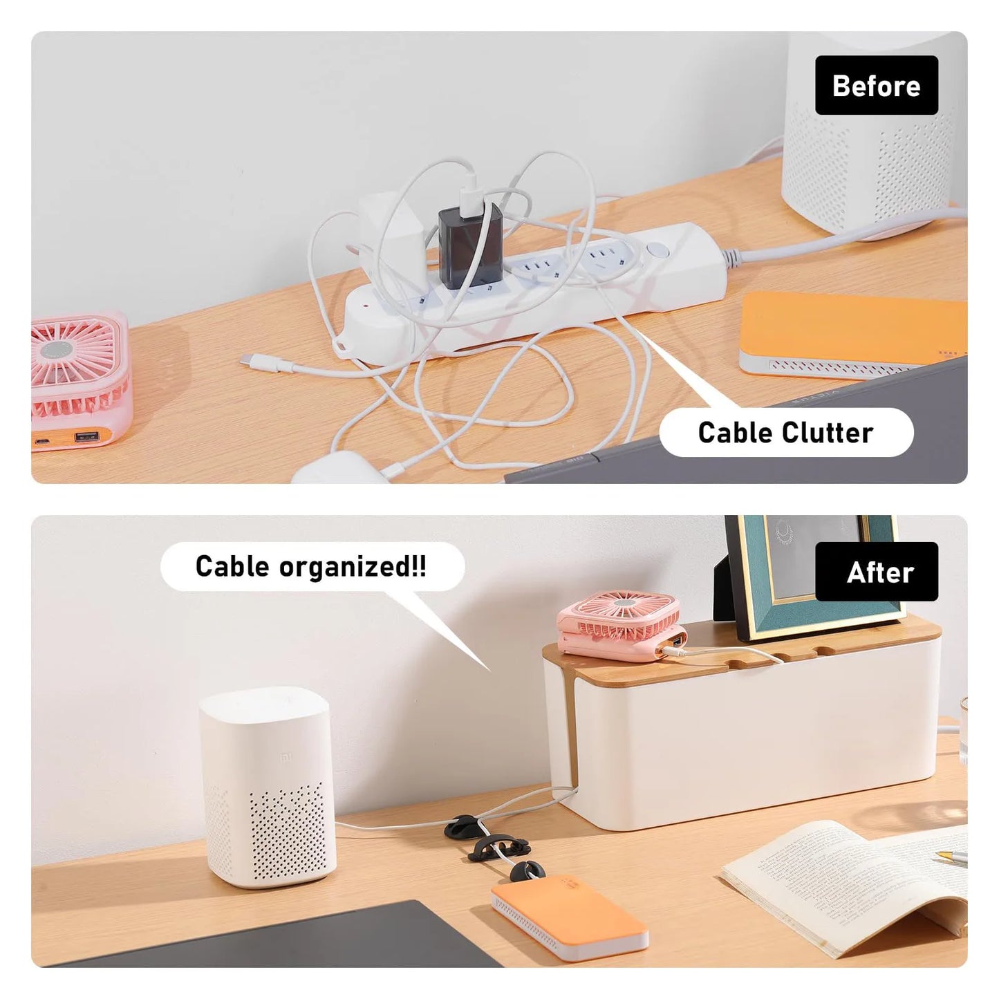 Cable Management Box – Wooden Style Cord Organizer for TV, Computer & Power Strip