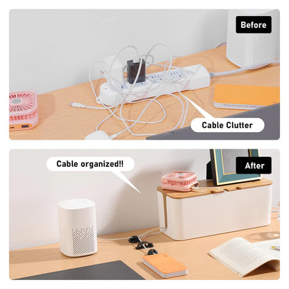 Cable Management Box – Wooden Style Cord Organizer for TV, Computer & Power Strip