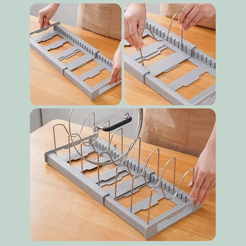 Expandable Pan & Pot Organizer Rack – 7 Adjustable Compartments for Lids, Dishes & Utensils
