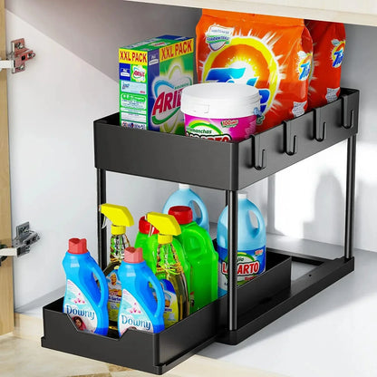 2-Tier Under Sink Organizer – Sliding Cabinet Basket with Hooks for Kitchen & Bathroom