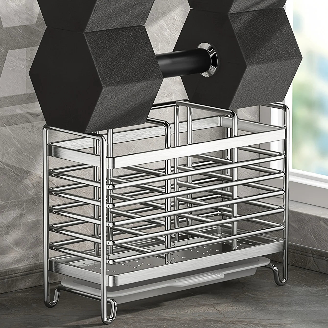 No-Drill Wall-Mounted Utensil Holder – Stainless Steel Kitchen Organizer for Small Spaces
