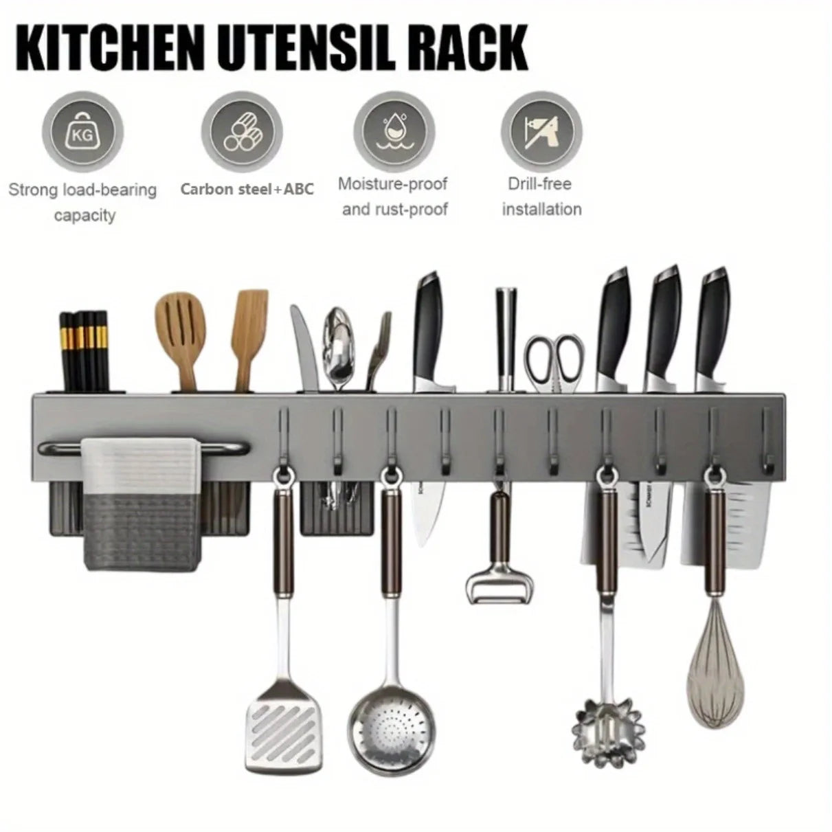 Wall-Mounted Kitchen Organizer – No-Drill Carbon Steel Knife & Utensil Rack, Space Saving