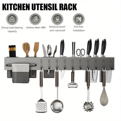 Wall-Mounted Kitchen Organizer – No-Drill Carbon Steel Knife & Utensil Rack, Space Saving