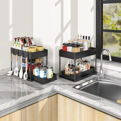 2-Tier Under Sink Organizer – Sliding Basket with Hooks for Kitchen & Bathroom