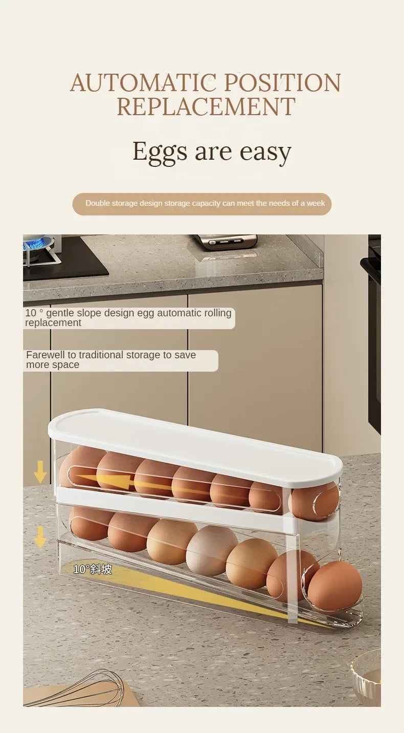 Automatic Rolling Egg Dispenser – 2-Tier Fridge Egg Holder Rack & Organizer