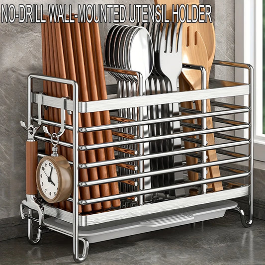 No-Drill Wall-Mounted Utensil Holder – Stainless Steel Kitchen Organizer for Small Spaces