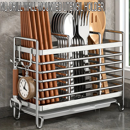 No-Drill Wall-Mounted Utensil Holder – Stainless Steel Kitchen Organizer for Small Spaces