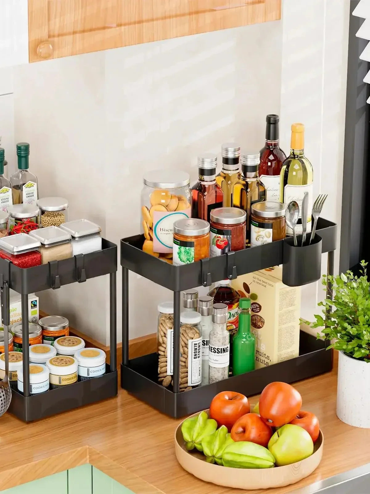 2-Tier Under Sink Organizer – Sliding Cabinet Basket with Hooks for Kitchen & Bathroom