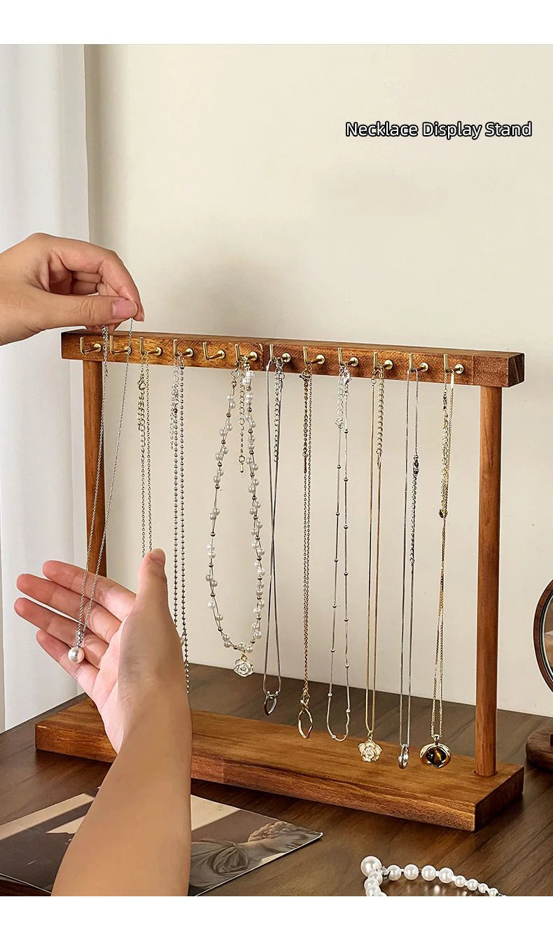 Wooden Jewelry Organizer Display Stand – Necklace Rack for Chains, Earrings & Bracelets