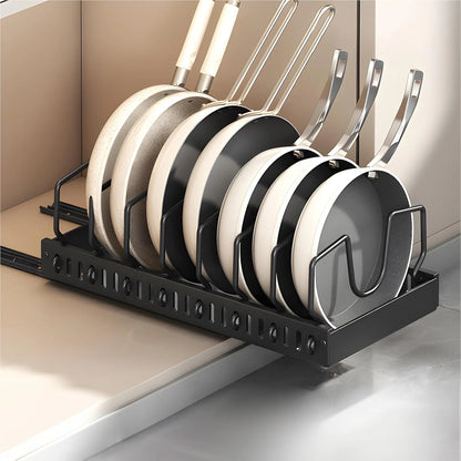 Pull-Out Pots & Pans Organizer – Under Cabinet Storage Rack with Adjustable Dividers & Lid Holder