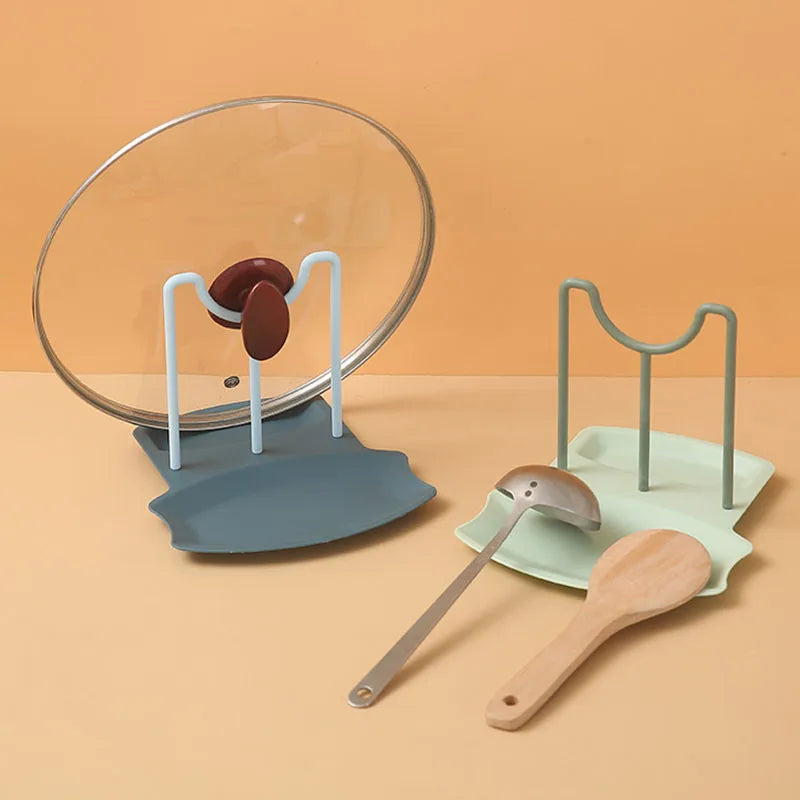 Countertop Pot Lid & Pan Organizer Rack – No-Drill Drying Stand with Spoon Rest